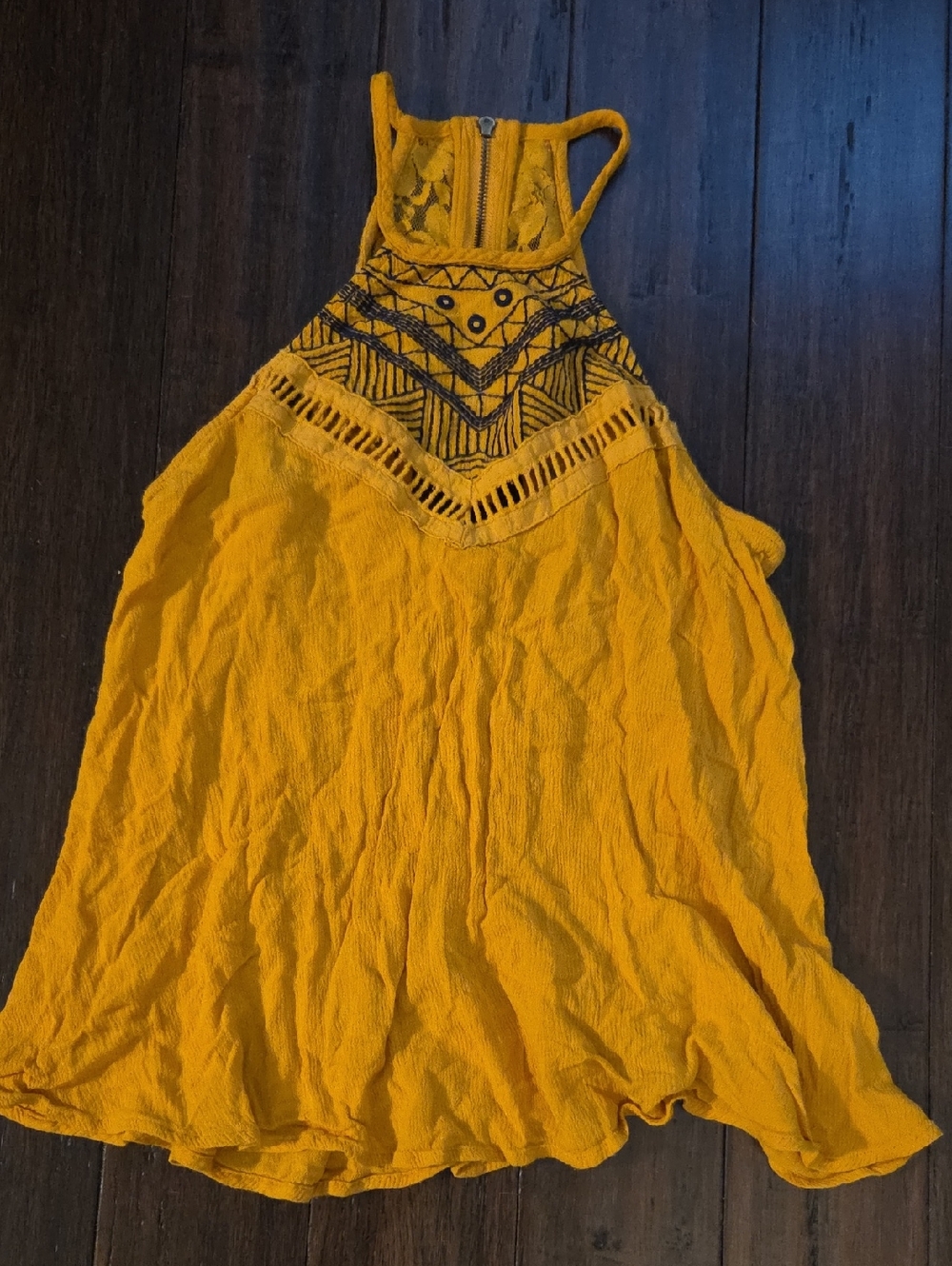 Love, Fire Mustard Yellow Crochet Yoke Top